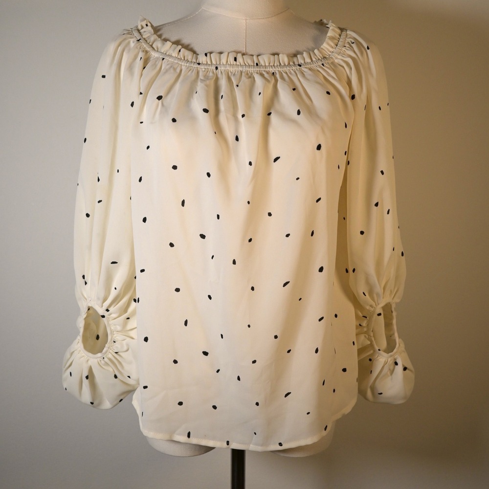 Entro Womens S Cream Polka Dot Off Shoulder Blouse Balloon Sleeve Cutout Cuff